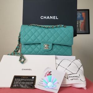 Chanel classic double flap turquoise iridescent caviar gold hw medium bag
